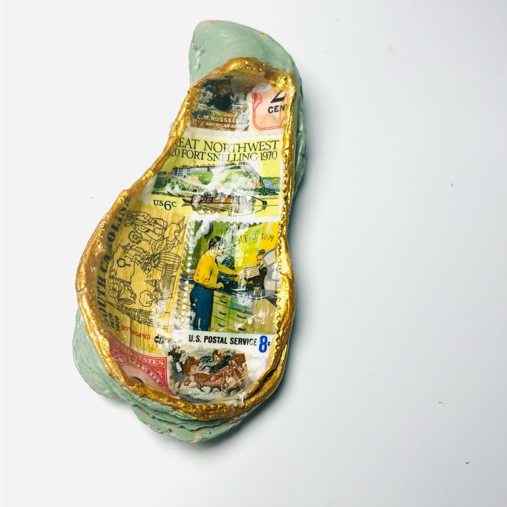 Handcrafted Oyster Shell Trinket Tray With Vintage Decoupage Stamp Design - Picture 4 of 6